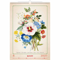 Bloemenontwerpkalender voor augustus 2027 met een vintage stijl.