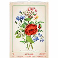 Bloemmotief op een kalender voor september 2027 met rode, blauwe en groene bloemen.