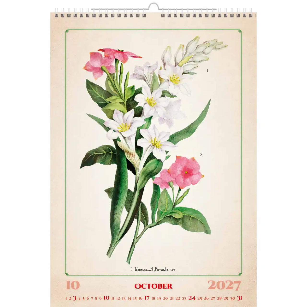 Bloemmotief op een kalender voor oktober 2027 met roze en witte bloemen.