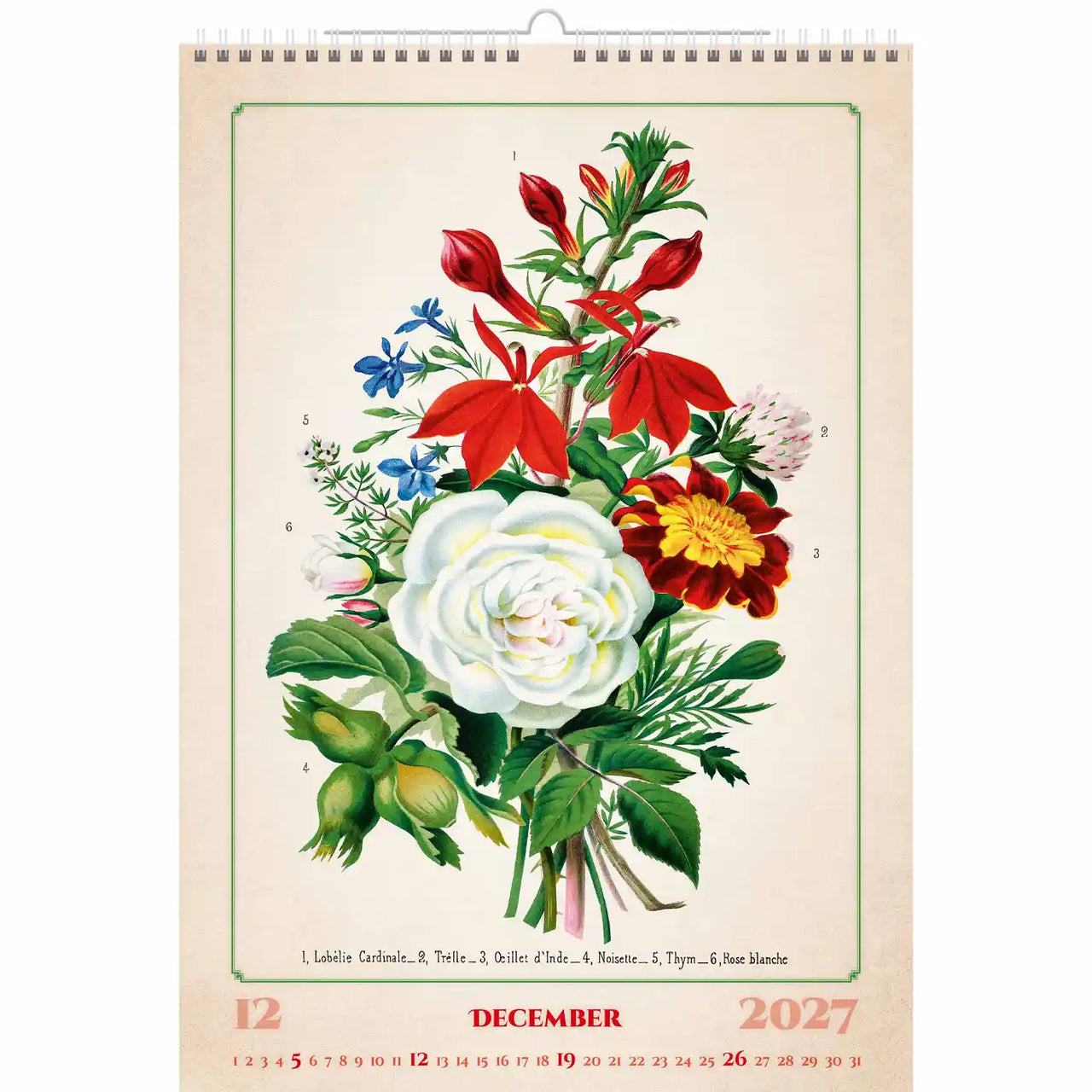 Bloemenontwerpkalender voor december 2027 met een witte achtergrond