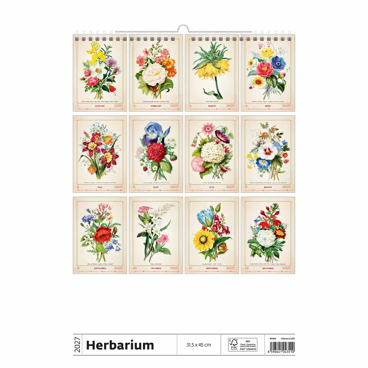 Wandkalender met bloemmotieven op een witte achtergrond