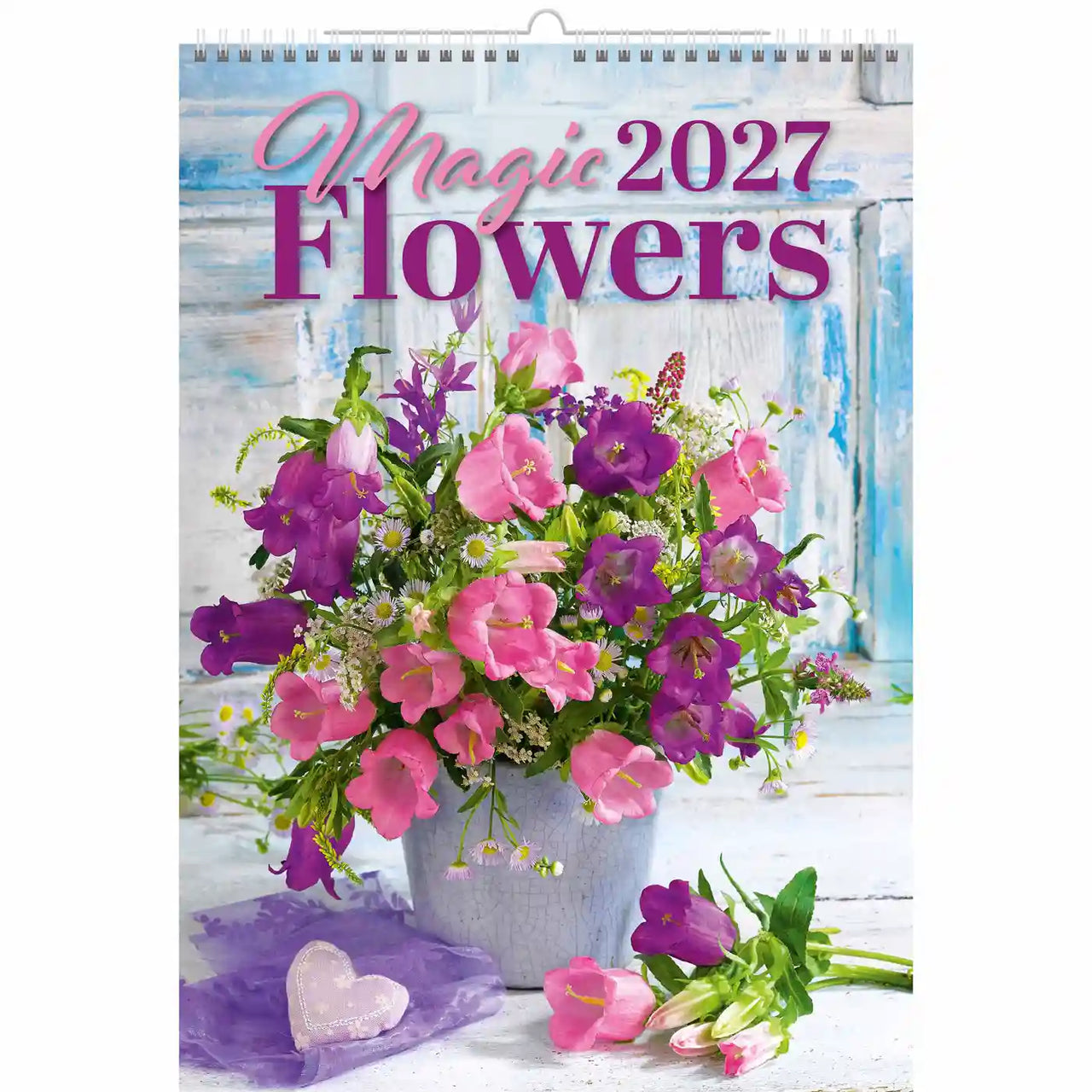 Kalenderomslag met bloemen en 'Magic Flowers 2027' tekst op een witte achtergrond