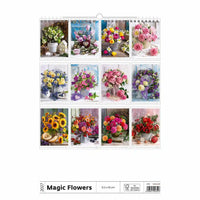 Kalender met afbeeldingen van diverse bloemstukken op een witte achtergrond