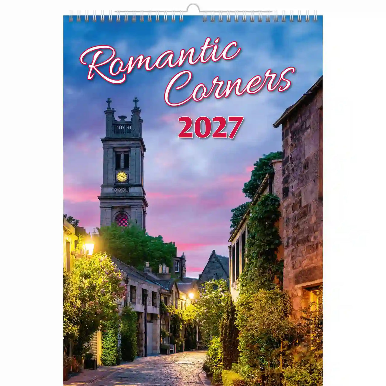 Kalenderomslag voor 2027 getiteld 'Romantic Corners' met een schilderachtige straat en klokkentoren.