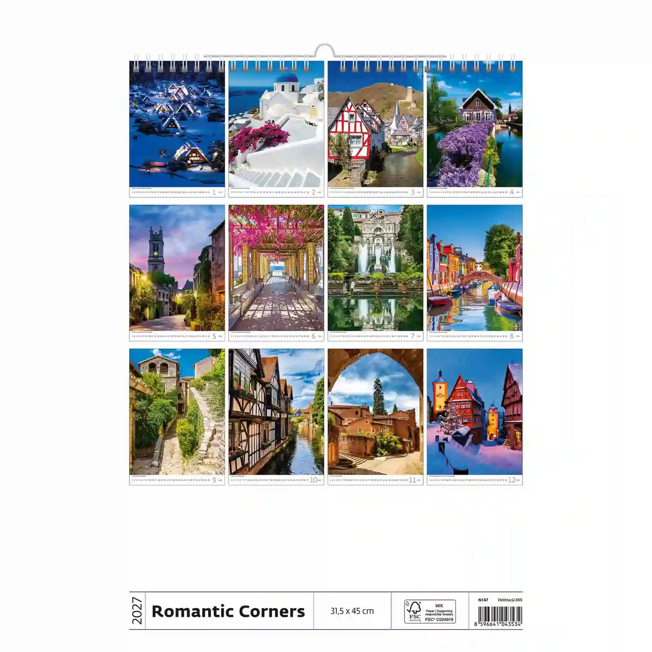 Wandkalender getiteld 'Romantic Corners' met schilderachtige afbeeldingen op een witte achtergrond
