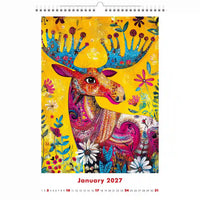 Kleurrijke hertenillustratie op een kalender voor januari 2027 met een gele achtergrond.