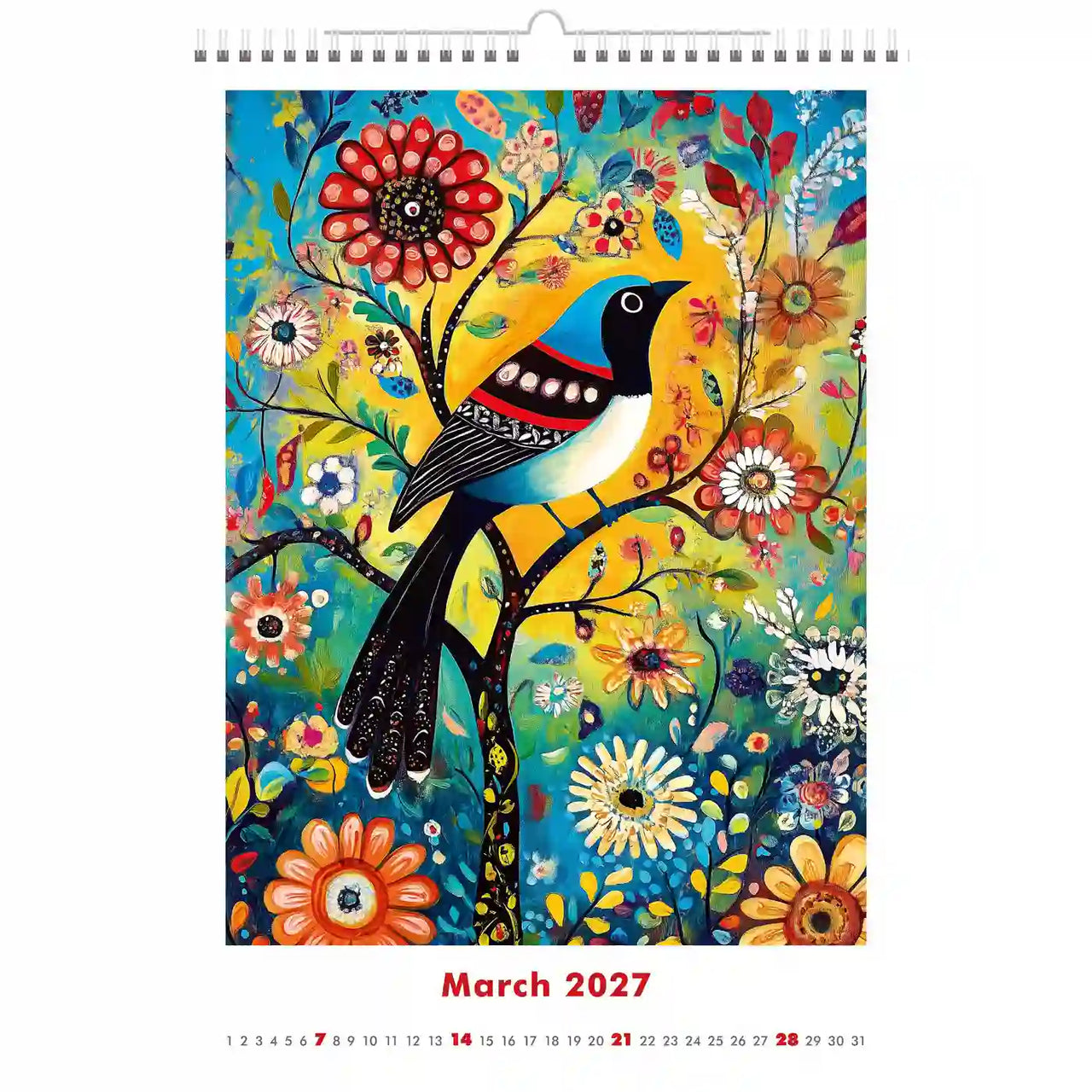 Kleurrijke kalenderpagina voor maart 2027 met een vogel en bloemen.