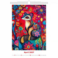 Kleurrijke kalenderpagina voor april 2027 met een gestileerde vos tussen de bloemen.