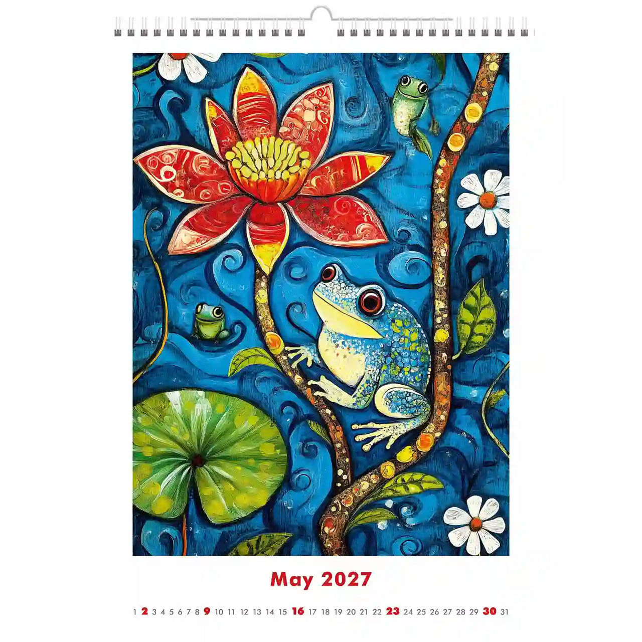 Kalenderpagina mei 2027 met een kleurrijke illustratie van kikkers en bloemen op een blauwe achtergrond.