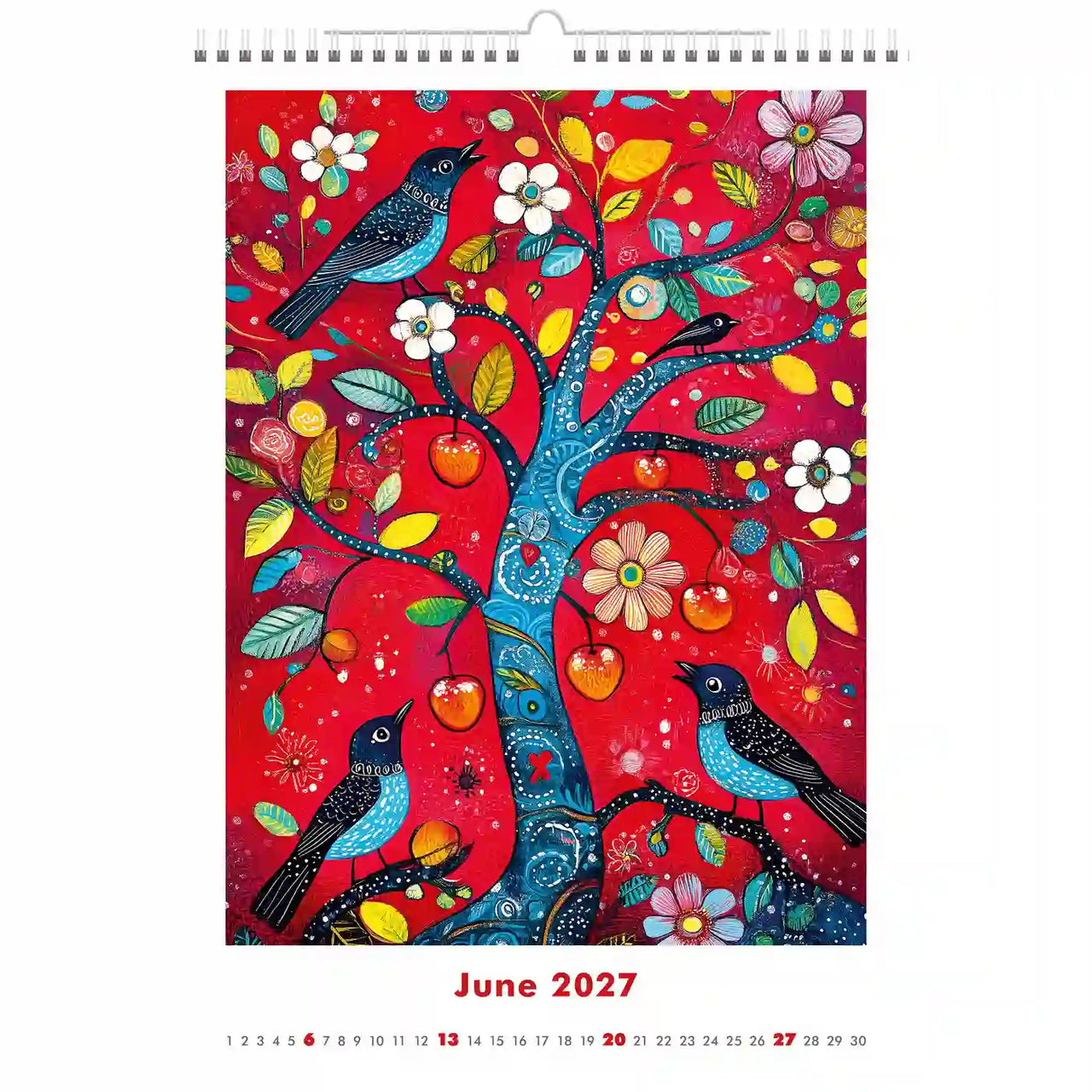 Kleurrijke kalenderpagina voor juni 2027 met een boom met vogels en bloemen op een rode achtergrond.