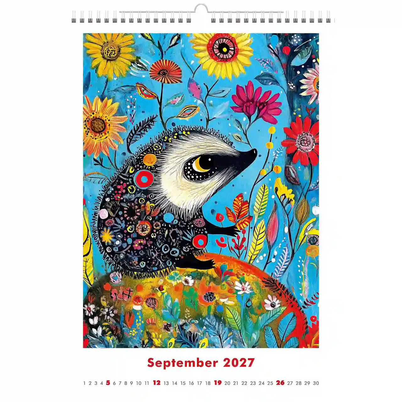 Kleurrijke egelillustratie op een bloemenachtergrond met de kalendertekst van september 2027.