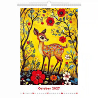 Kalender voor oktober 2027 met een kleurrijke illustratie van een hert en bloemen op een gele achtergrond.