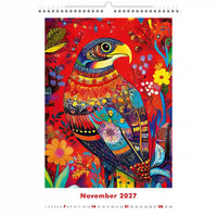 Kleurrijke kalenderpagina voor november 2027 met een gestileerde vogelillustratie op een rode achtergrond.