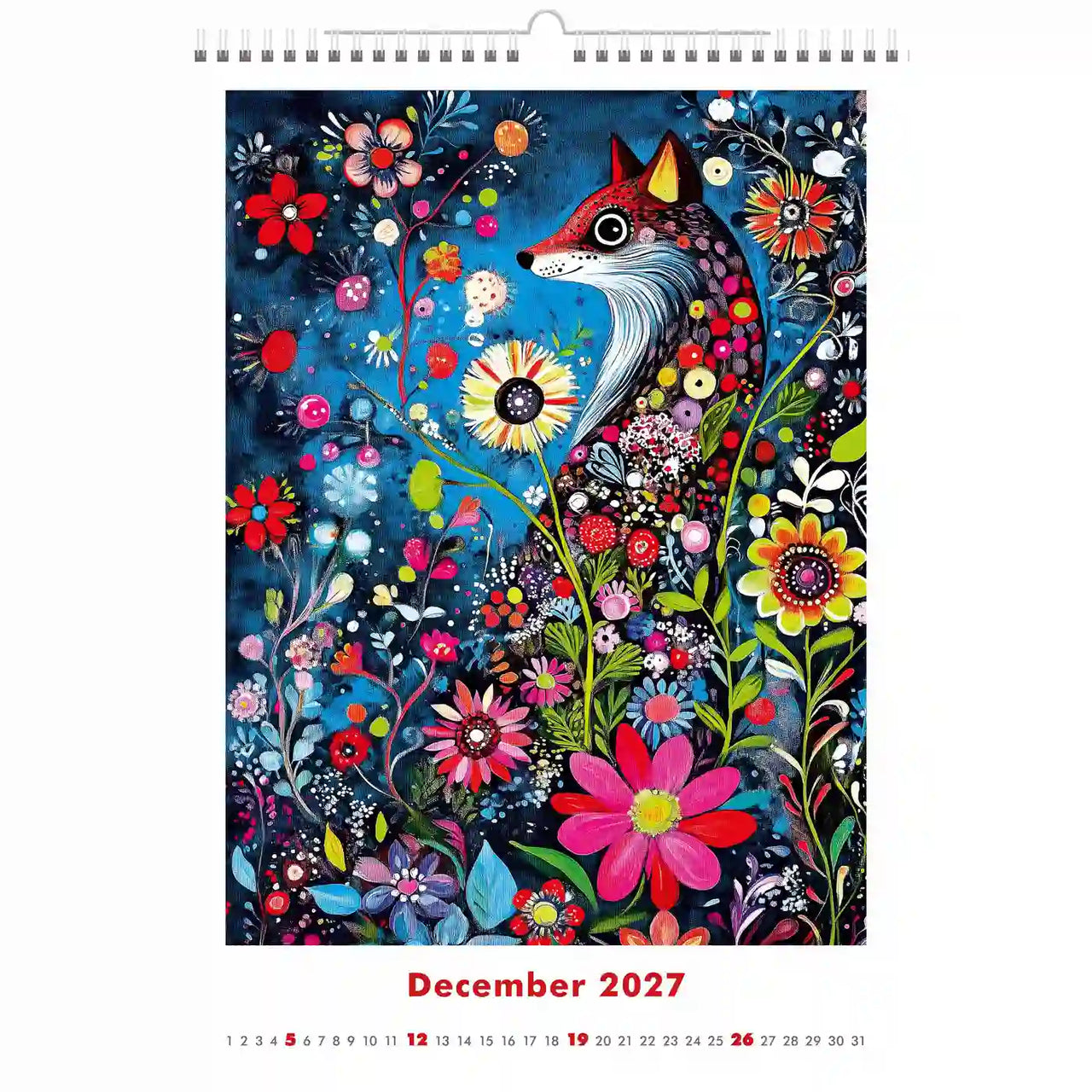 Kalender voor december 2027 met een vos en bloemmotief op een blauwe achtergrond