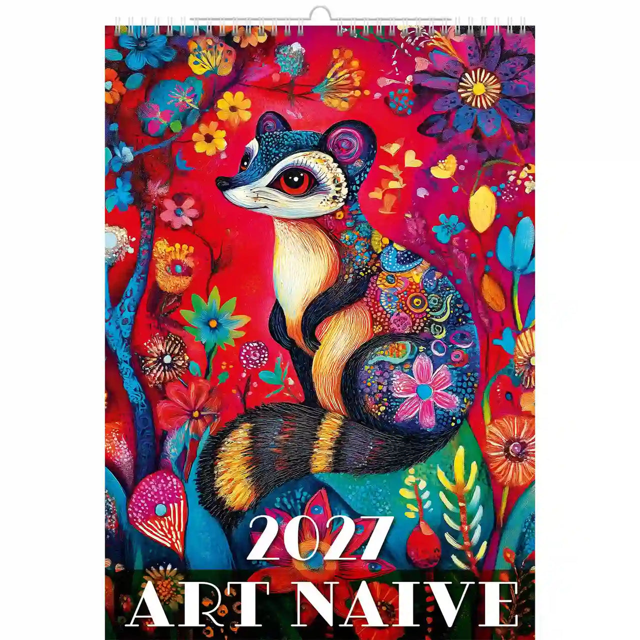 Kleurrijke Art Naçive kalender 2021 met een gestileerd wasbeerontwerp op een rode achtergrond.