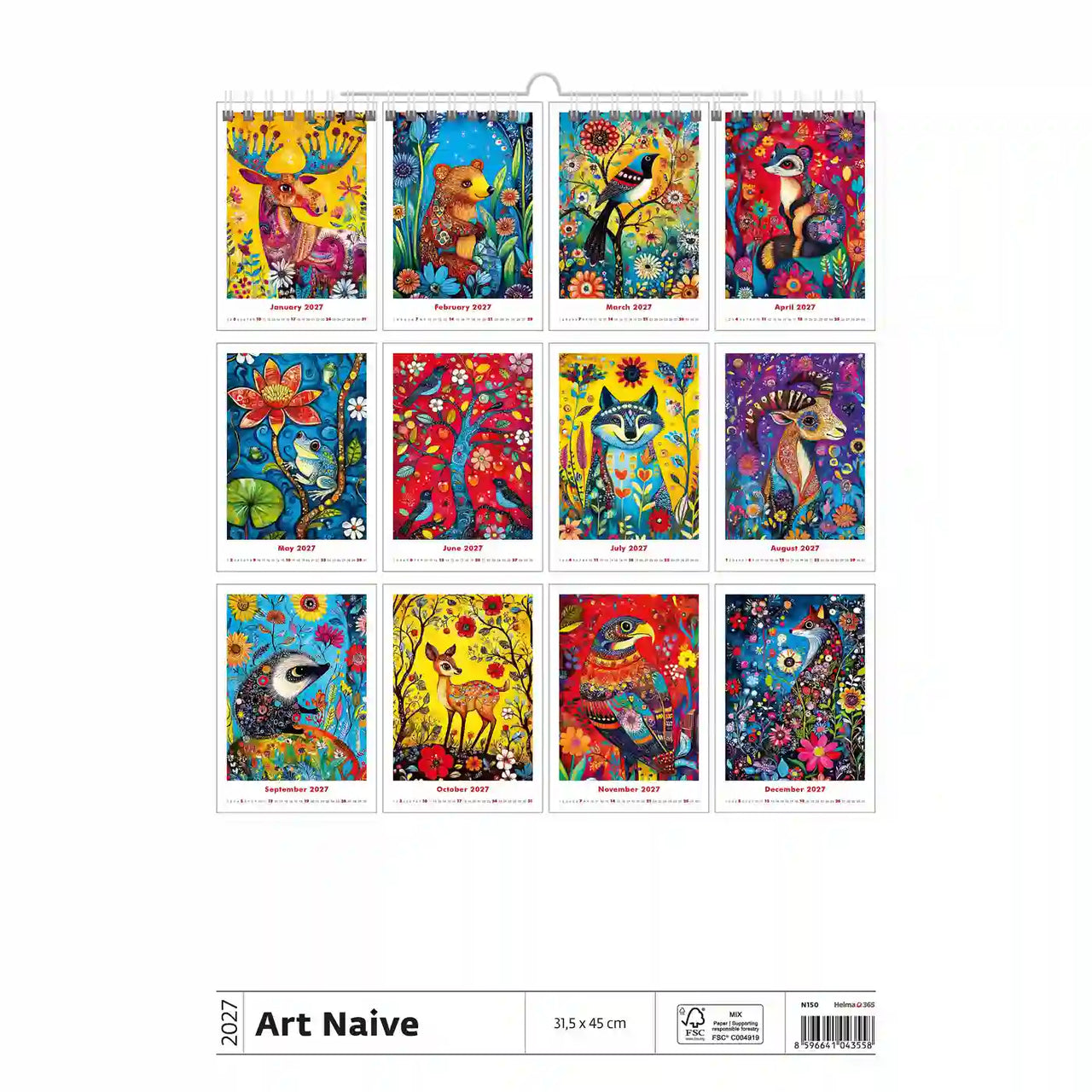 Art Naive kalender met kleurrijke dierenillustraties op een witte achtergrond