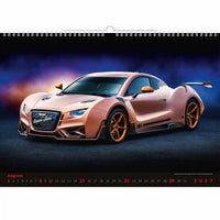 Kalender met een sportwagenontwerp op een donkere achtergrond