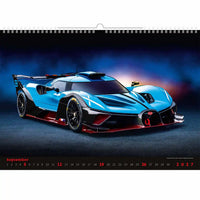 Kalender met een blauwe en zwarte sportwagen op een donkere achtergrond