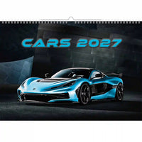Kalenderomslag met een futuristisch blauw auto-design en 'CARS 2027' tekst op een donkere achtergrond.