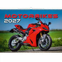 Rode motorfiets op een kalenderomslag met tekst 'Motorbikes 2027'