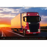 Kalender met een rode vrachtwagen op een weg bij zonsondergang