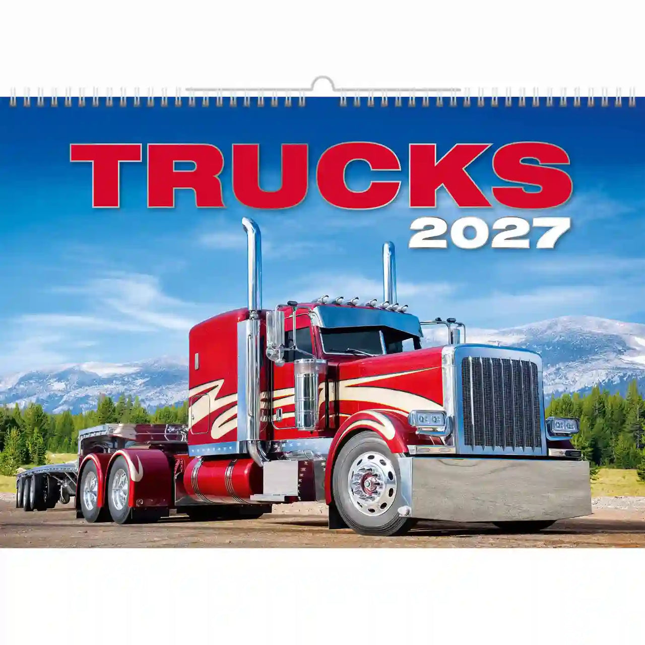Kalenderomslag voor 2027 met een rode en blauwe vrachtwagen op een schilderachtige achtergrond.