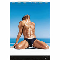 Kalenderpagina met een man in badkleding zittend op een strand met een blauwe lucht.