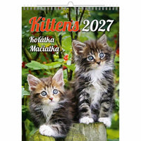 Kalenderomslag met twee katjes op een houten paal, met de tekst 'Kittens 2027' en meerdere vertalingen.