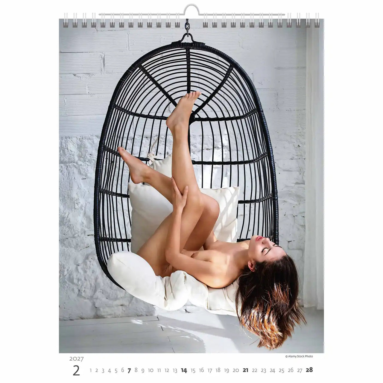 Calendar page showing a person lying on a hanging chair with a white brick wall background