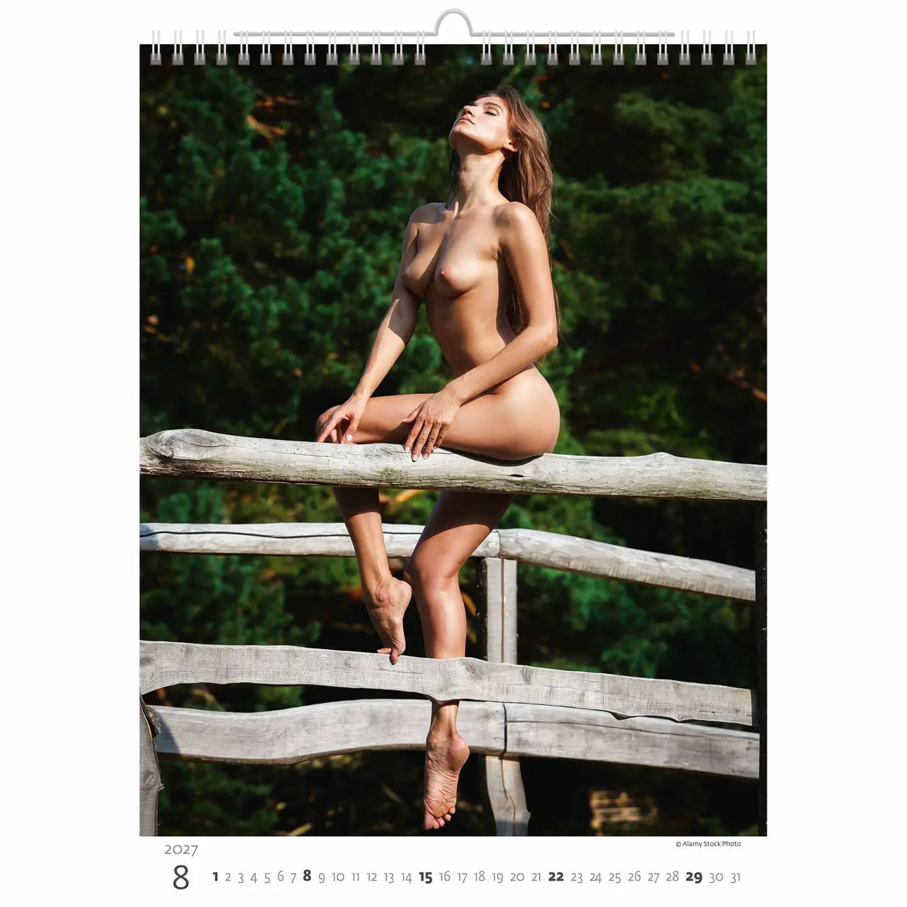 Calendar page showing a person sitting on a wooden fence with a natural background