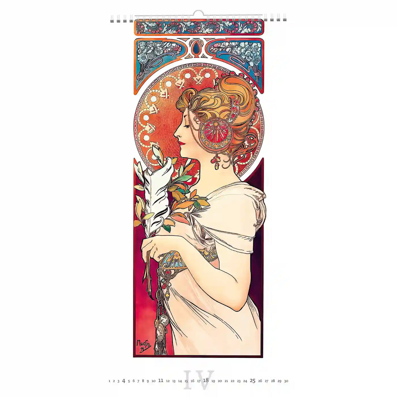 Art Nouveau-stijl illustratie van een vrouw die een boekrol vasthoudt met ingewikkelde ontwerpen.