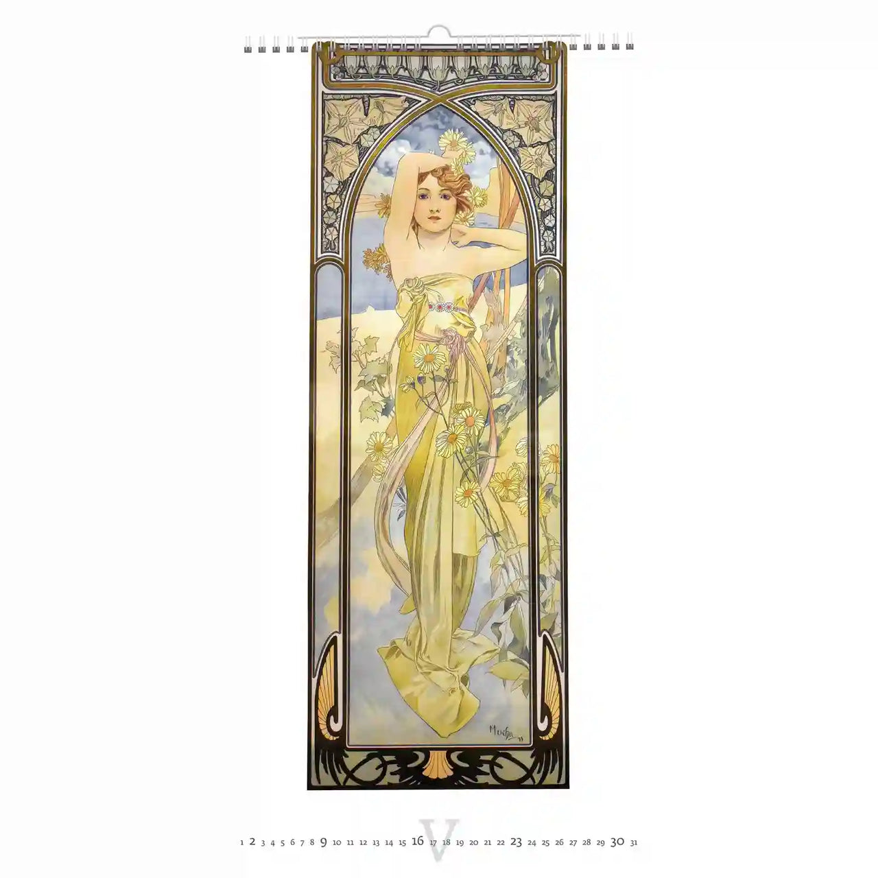 Decoratieve wandrol met Art Nouveau-motief van een vrouw in een gele jurk.