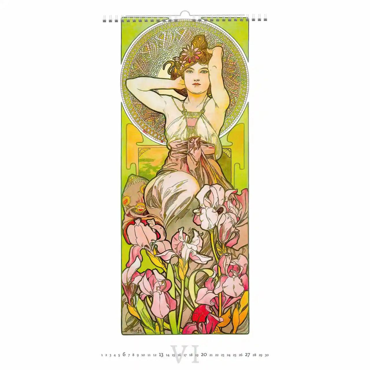 Decoratieve kalender met Art Nouveau-motief met een vrouw en bloemen op een witte achtergrond