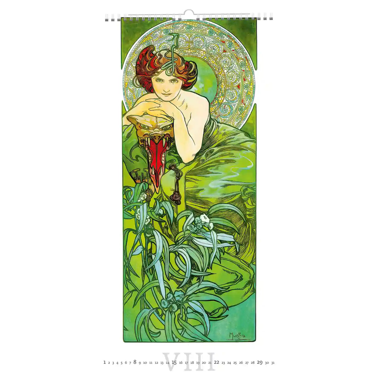 Art Nouveau-stijl schilderij van een vrouw met florale elementen op een witte achtergrond