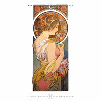 Art Nouveau-stijl illustratie van een vrouw met bloemen met decoratieve elementen.