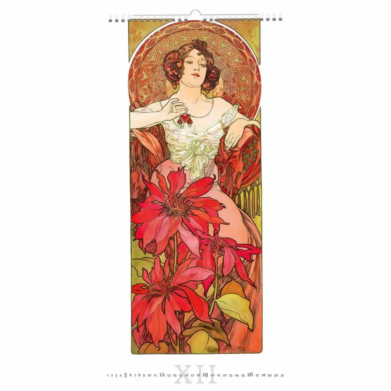 Art Nouveau-stijl schilderij met een vrouw en rode bloemen op een witte achtergrond