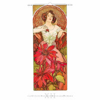 Art Nouveau-stijl schilderij met een vrouw en rode bloemen op een witte achtergrond
