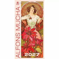 2027 Alfons Mucha kalender met artistiek ontwerp van een vrouw en bloemen.