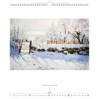 Winters tafereel met besneeuwd landschap en hek op een kalenderpagina.
