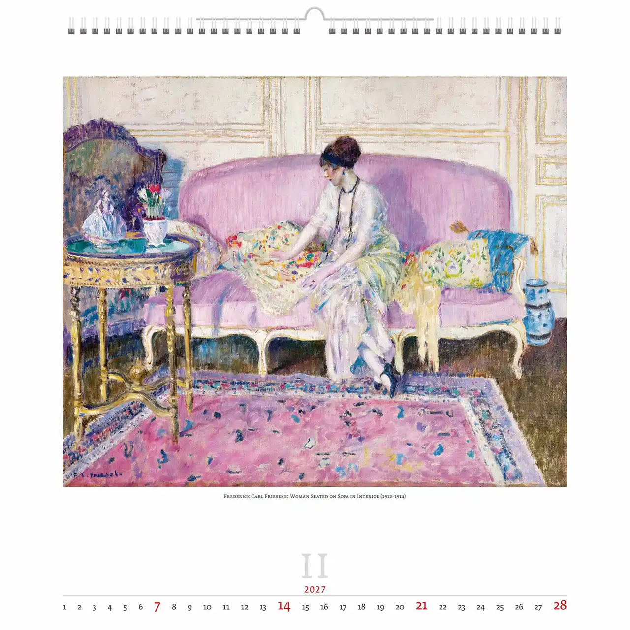 Artistieke afbeelding van een vrouw op een roze bank in een versierde kamer, waarschijnlijk afkomstig uit een kalender.