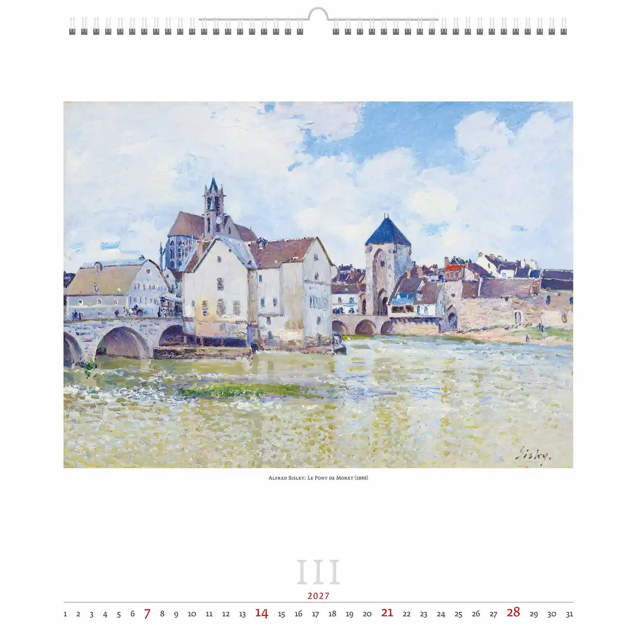 Wandkalender met een schilderij van een dorp aan een rivier