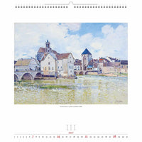 Wandkalender met een schilderij van een dorp aan een rivier