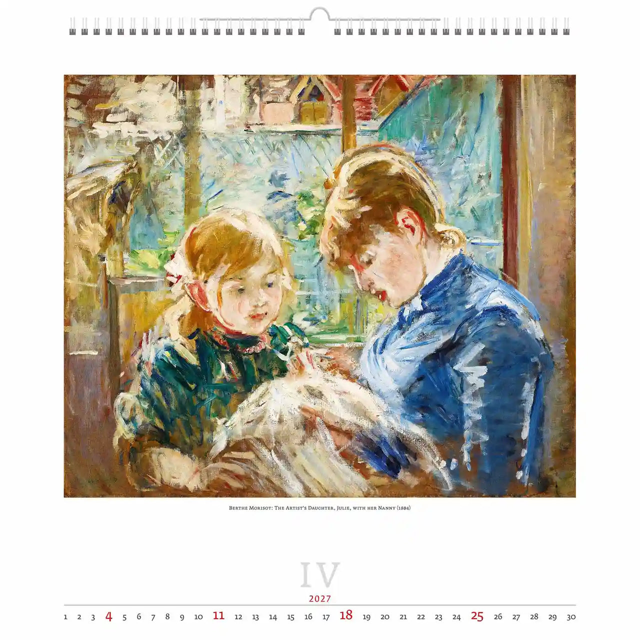 Schilderij van twee vrouwen die bij elkaar zitten, waarschijnlijk afkomstig uit een kalender, met een witte achtergrond.