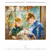 Schilderij van twee vrouwen die bij elkaar zitten, waarschijnlijk afkomstig uit een kalender, met een witte achtergrond.