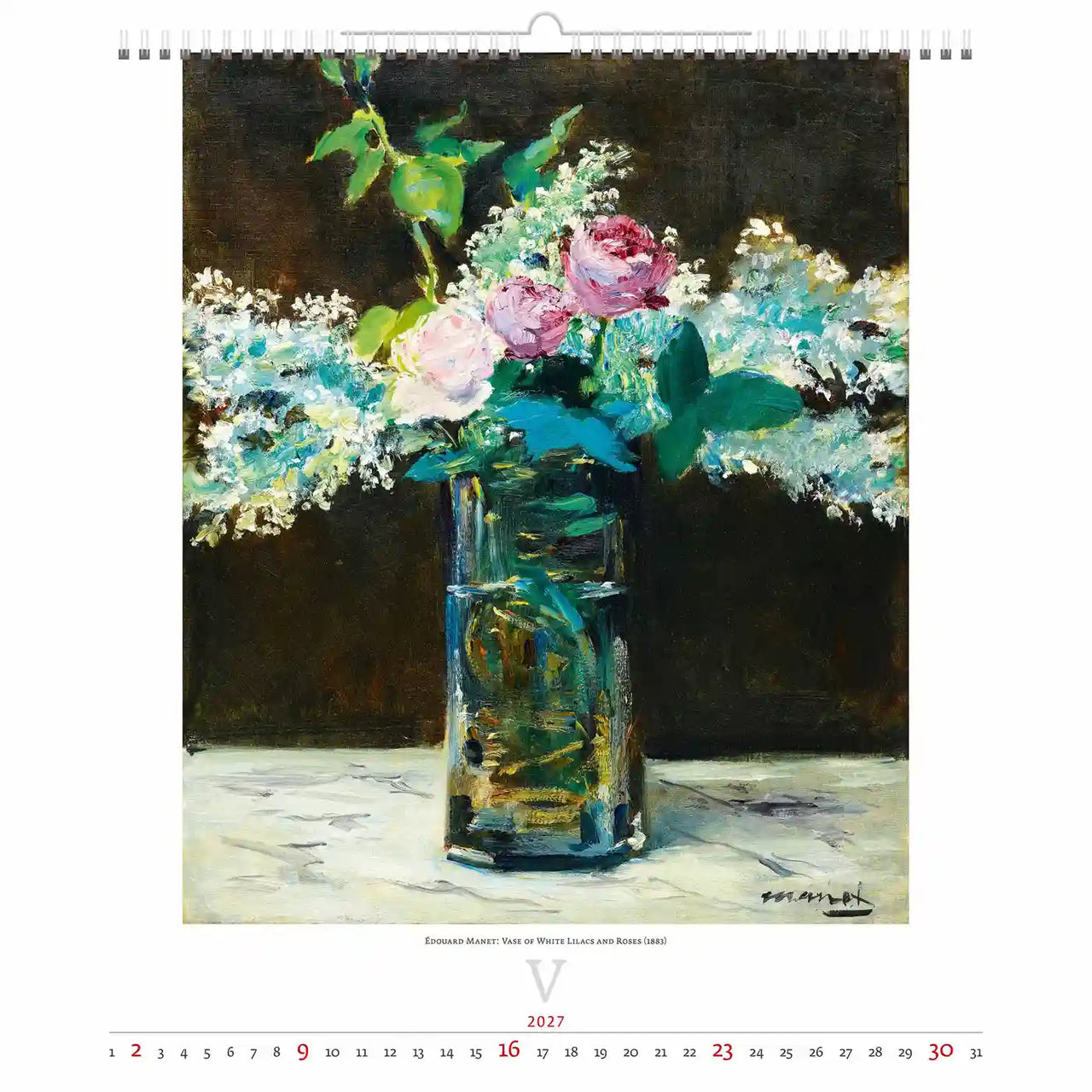 Kalenderpagina met een schilderij van bloemen in een vaas op een witte achtergrond