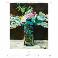 Kalenderpagina met een schilderij van bloemen in een vaas op een witte achtergrond