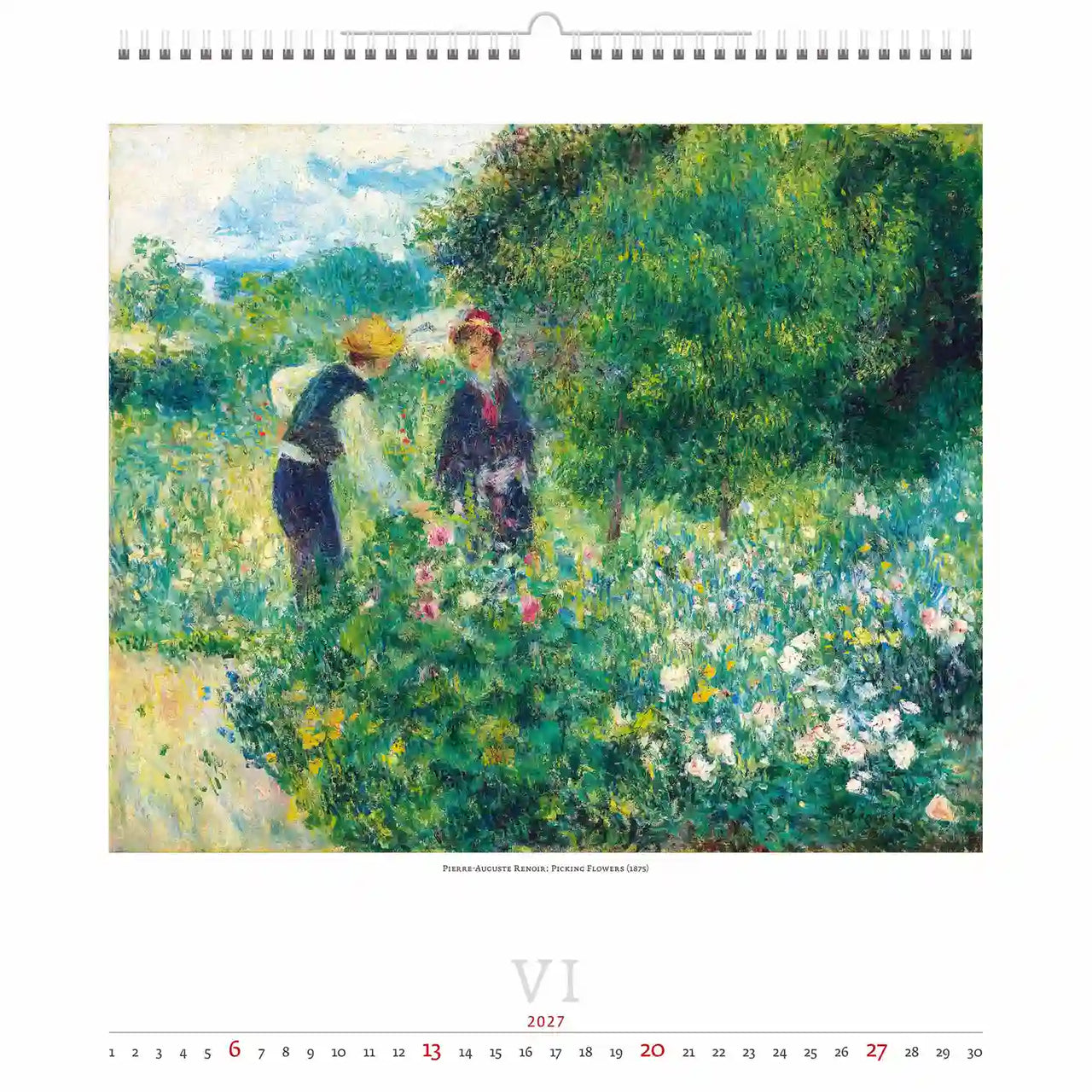 Artistieke voorstelling van twee mensen in een tuin met bloemen, waarschijnlijk afkomstig uit een kalender.