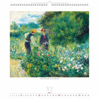 Artistieke voorstelling van twee mensen in een tuin met bloemen, waarschijnlijk afkomstig uit een kalender.