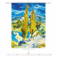 Van Gogh kalender met een landschapsschilderij van cipressen en een blauwe lucht.