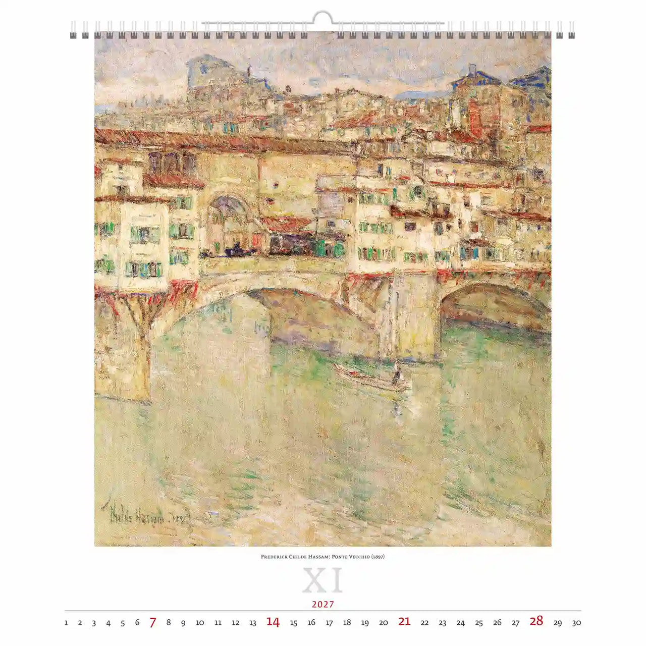 Wandkalender met een schilderij van een brug en een stad op een witte achtergrond